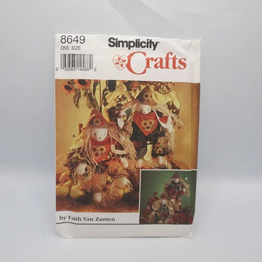 Simplicity Crafts 8649 Scarecrow Bunnies Dolls ONE SIZE 1993 Vintage Folk Art